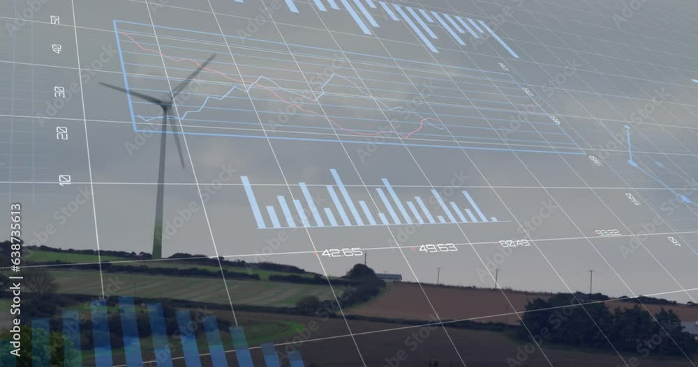 Poster animation of multiple graphs, changing numbers, loading circles, windmill on green field against sky