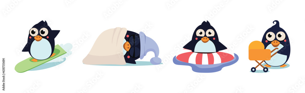 Poster cute penguin character engaged in different activity vector set