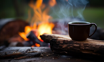 Enamel cup of hot steaming coffee sitting on an old log