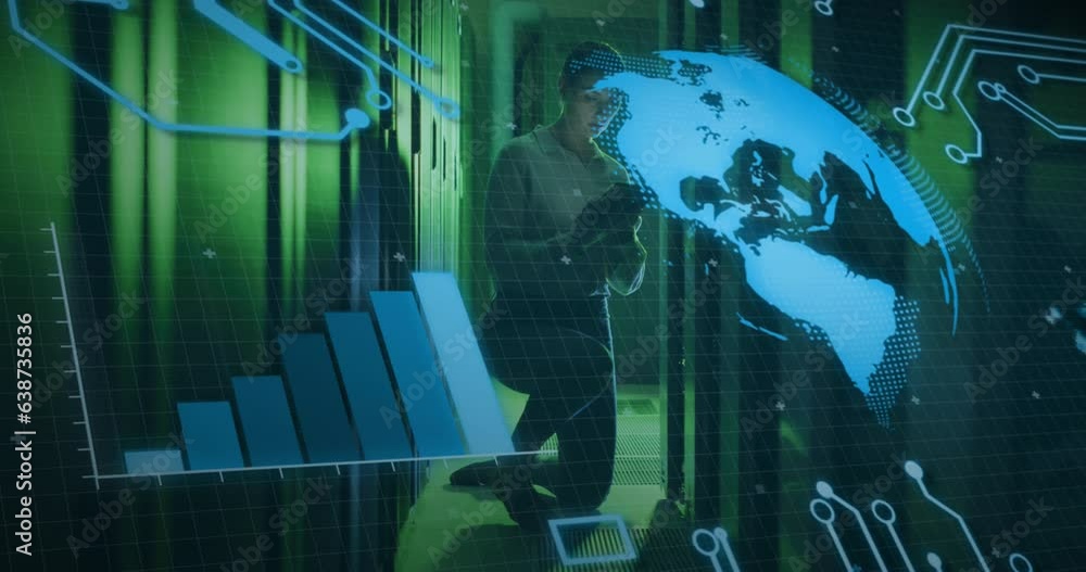 Poster animation of graphs, globe over female caucasian engineer checking data servers systems using tablet