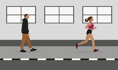 Fototapeta na wymiar Female character in sportswear running on the sidewalk and the male character is walking along the sidewalk