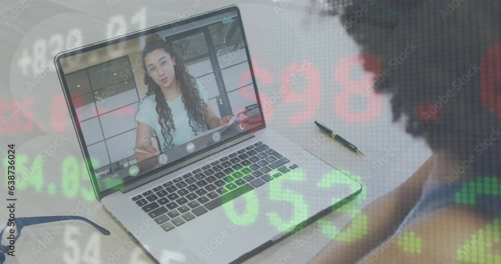 Poster animation of multicolored trading board over diverse coworkers discussing reports on video call