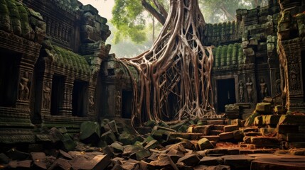 Giant ancient tree roots intertwining with ancient ruins | generative ai
