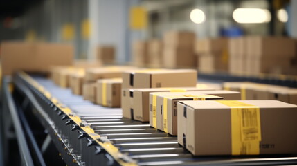 Closeup of multiple cardboard box packages seamlessly moving along a conveyor belt in a warehouse fulfillment center, a snapshot of e-commerce, delivery, automation, and products. Generative ai - obrazy, fototapety, plakaty
