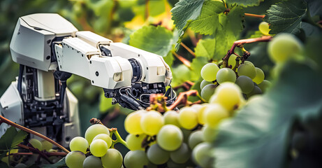 AI robot Machine is picking up fruit grape in agricultural field, for technology concept, Generative AI. - 638736257