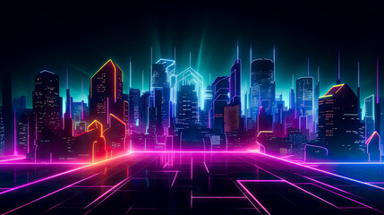 Futuristice city with neon light for Cyberpunk and Telecommunication concept for background and banner.