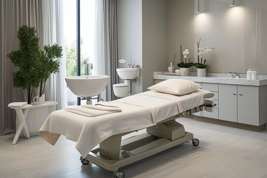Beauty and body care. Interior of new beauty salon with spa massage table and set of skincare products ready for use