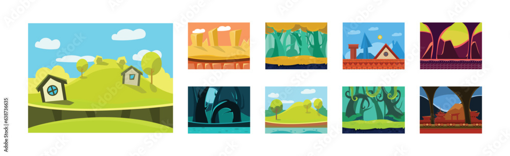 Poster mobile game horizontal backgrounds and scenery vector set