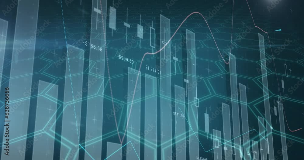Poster animation of multiple graphs with numbers over hexagons with lens flares against blue background