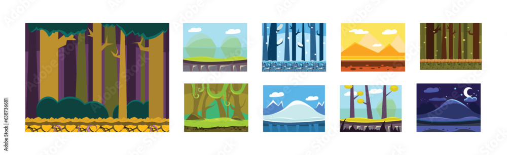 Poster mobile game horizontal backgrounds and scenery vector set