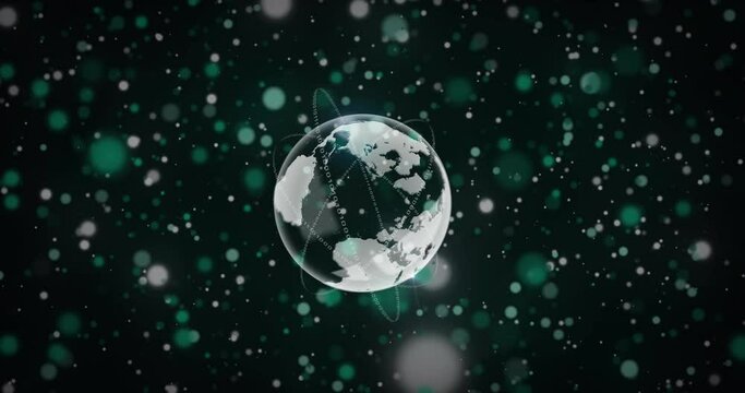 Animation of lens flares with binary codes forming circles around globe over black background