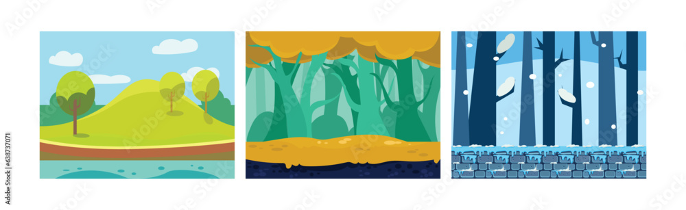 Poster mobile game horizontal backgrounds and scenery vector set