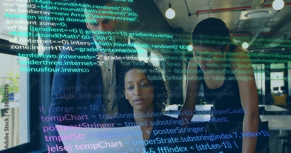 Poster animation of multicolored computer language over diverse coworkers discussing reports in office