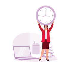 A smart woman is standing next to a laptop and a pile of books, holding a big clock. Time management, deadline, study time, school concept. Trend Modern vector flat illustration