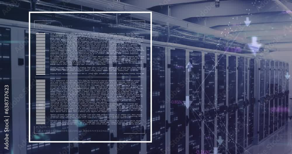 Poster animation of computer language, connected icons globe over bars on data server racks