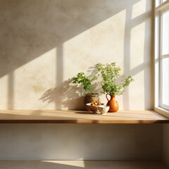 Table background of free space and kitchen interior. White wall with shadows and sunny warm morning time. Copy space for your composition, ai technology