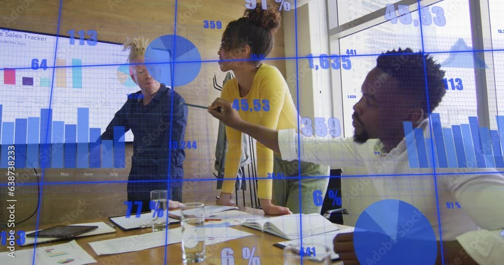 Poster animation of multiple graphs and changing number, diverse coworkers discussing reports on screen