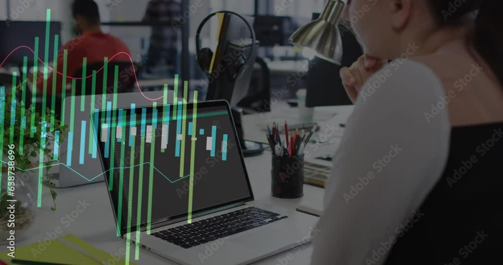 Poster animation graphs over caucasian female programmer analyzing programming software in laptop