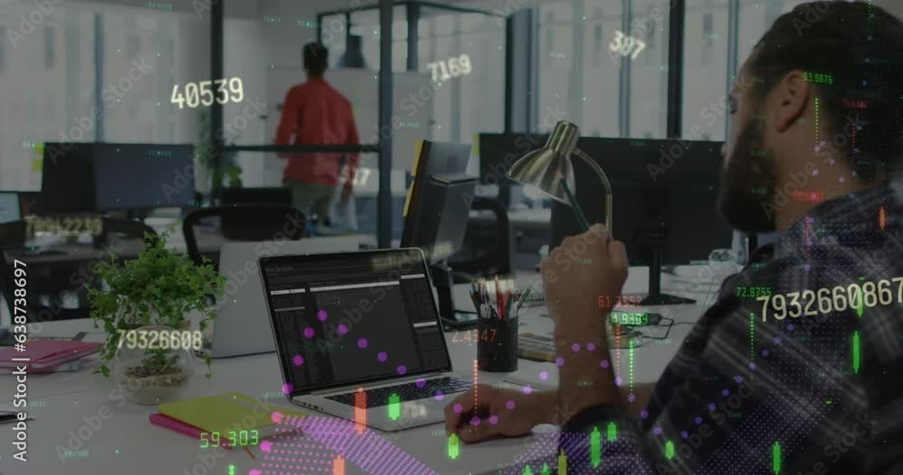 Poster animation of graphs, changing numbers, biracial man holding pencil and analyzing computer codes