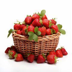 Wicker basket with tasty red strawberries on white background, ai technology