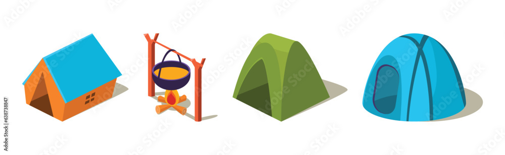 Poster isometric camping object and adventure elements vector set