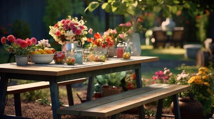 Fototapeta na wymiar table with flowers in garden