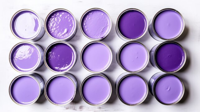 top view of open purple color cans with paint on a white background.