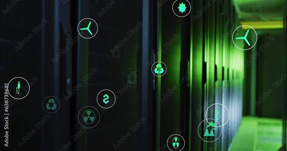 Poster animation of icons in circles floating over data server racks in server room