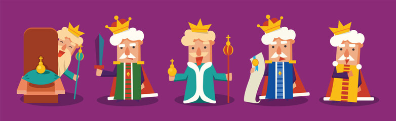 Funny King Character with Beard and Crown Engaged in Different Activity Vector Set