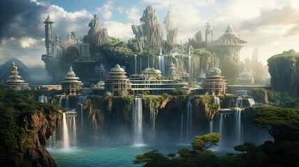 Fototapeta premium Floating citadel with cascading waterfalls in the sky | generative ai
