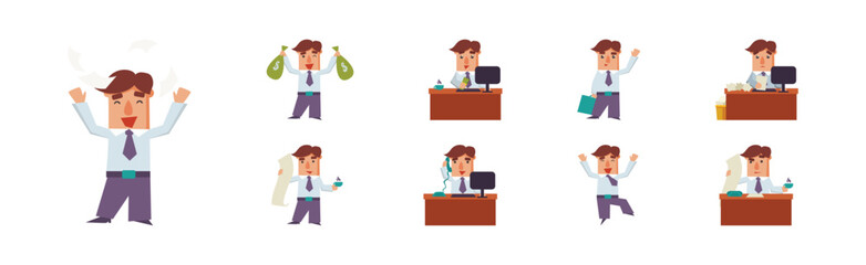 Office Worker Man Character in Formal Suit Vector Set