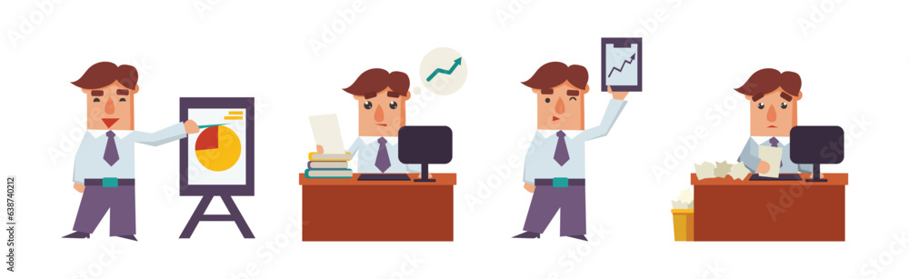 Poster office worker man character in formal suit vector set