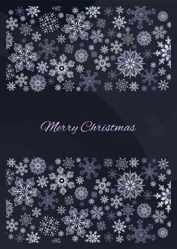 Merry Christmas and New Year brochure cover. Xmas luxury banner design with white snowflakes decorative borders on blue backgrounds. Illustration for flyer, poster or greeting card