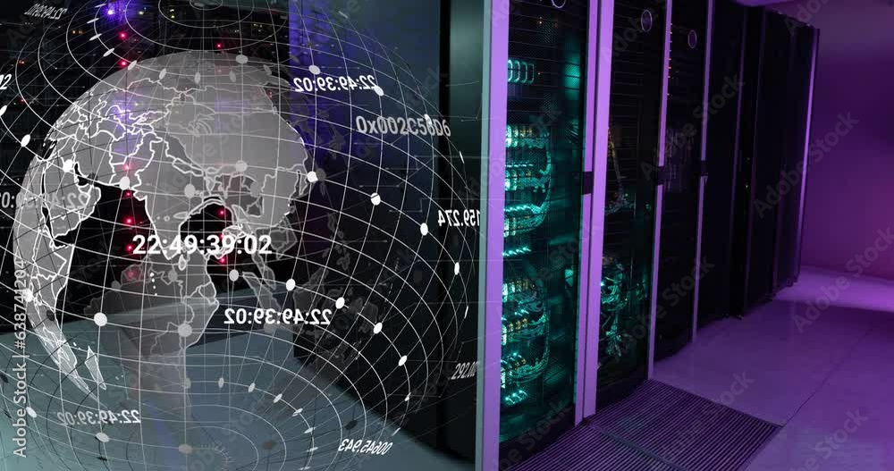 Poster animation of changing numbers around globe over illuminated data server room