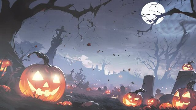 halloween pumpkin on graveyard night scary animation looping video animated background