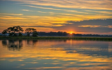 Obraz premium Golden Horizon: Serene Sunset Casting its Glow on Still Waters