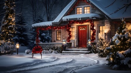 snow and christmas decorations outside a house. Night view of a house with christmas decorations