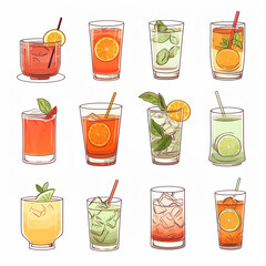 Vibrant Line Art Drawings of Healthy Fruity Mocktails