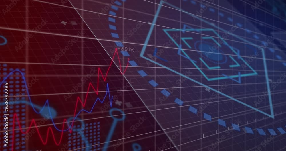 Poster animation of geometric shapes with circuit board pattern and graphs with changing numbers