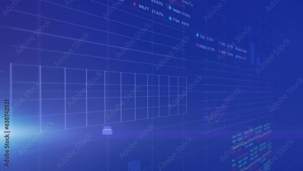 Poster animation of multiple graphs with changing numbers and trading boards over blue background