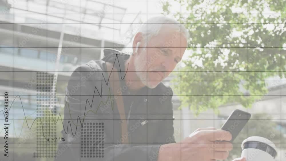 Poster animation of graphs with changing numbers, senior caucasian man drinking coffee and using cellphone