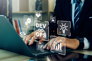 DevOps concept.IT operations, high software quality and software development.Programming,web development, design, interaction with each other.