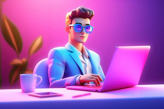 3D Render Young Businessman Working with Computer, Handsome Man Character, Freelancer Using Laptop. Generative Ai