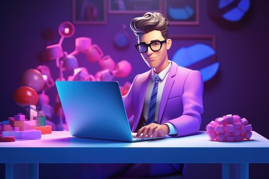 3D Render Young Businessman Working with Computer, Handsome Man Character, Freelancer Using Laptop. Generative Ai