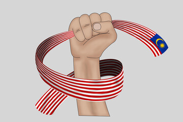 3D illustration. Hand holding flag of Malaysia on a fabric ribbon background.
