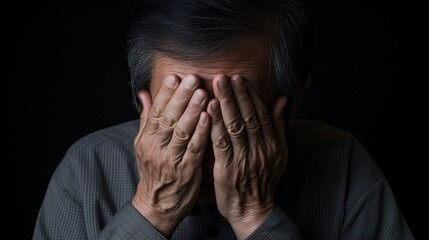 シニアの悩み、手で顔を覆う日本人男性
