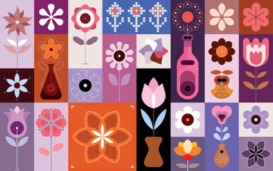Tileable design include many different flower images and floral pattern elements. Collection of vector images, decorative seamless background.  