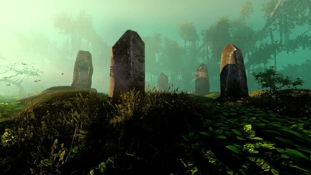 The Sacred Place Of The Druids In The Mysterious Forest. Animation On The Theme Of Religion And Culture, History And Archeology, Travel And Fairy Tales.