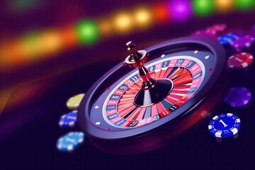 Casino Roulette Wheel with Chips on Blur Background, Casino Game Play Concept. Generative Ai