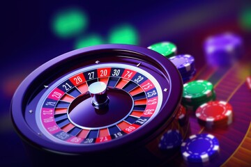 Casino Roulette Wheel with Chips on Blur Background, Casino Game Play Concept. Generative Ai